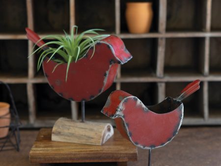 Set Of Two Red Metal Bird Planters Sale