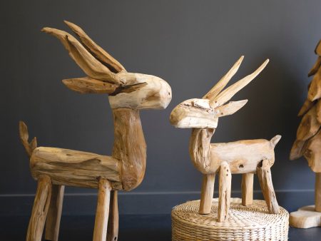 Set Of Two Rustic Teak Reindeer For Cheap