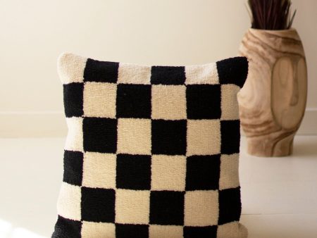 Black And White Checks Hand Hooked Pillow Sale