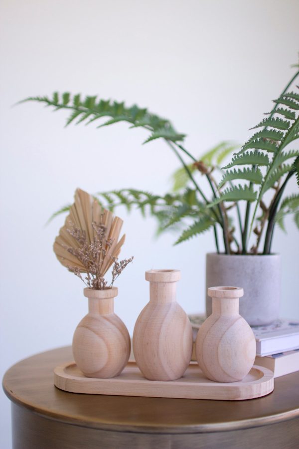 Three Wooden Bud Vases On A Tray For Sale