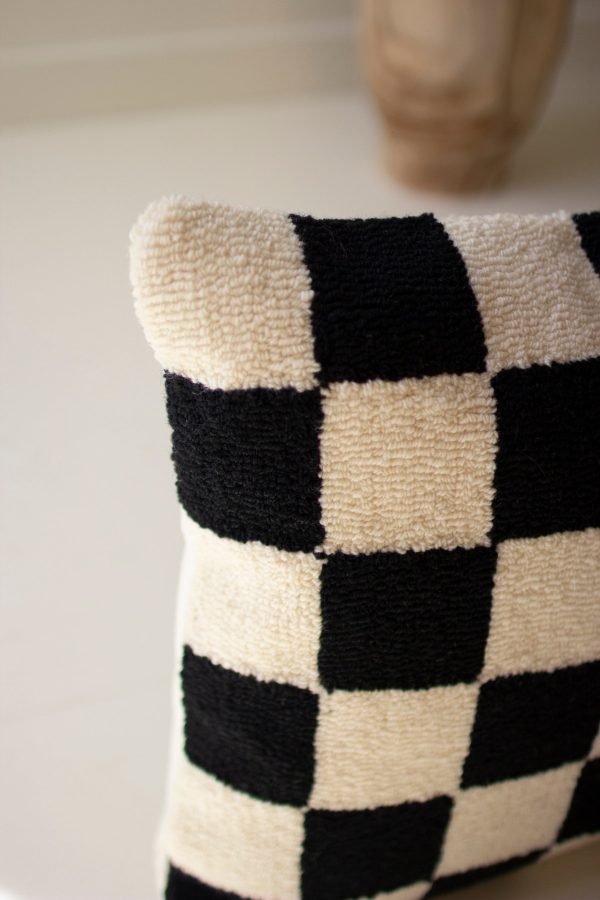 Black And White Checks Hand Hooked Pillow Sale