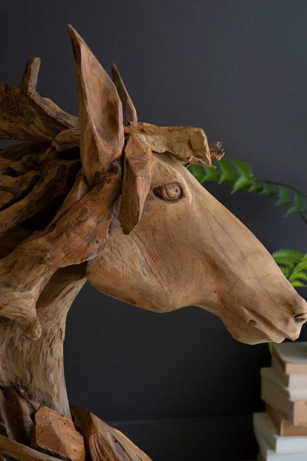 Teakwood Horse Head Sculpture With Iron Base Online Sale