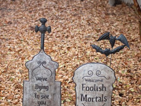 Set Two Hand-Hammered & Painted Metal Tombstone Yard Stakes For Sale