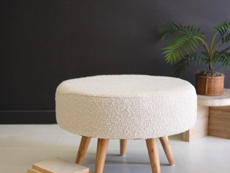 Large Boucle Stool With Wooden Legs - Pearl Hot on Sale