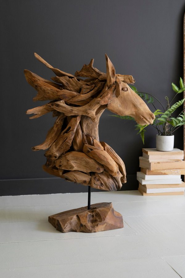 Teakwood Horse Head Sculpture With Iron Base Online Sale