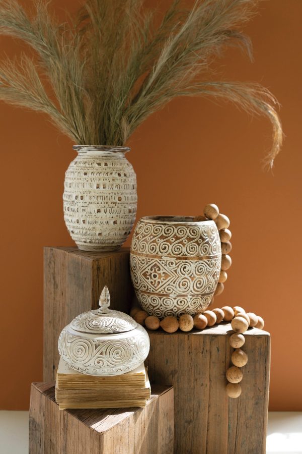 Carved Decorative Container With Lid - Natural And White Discount