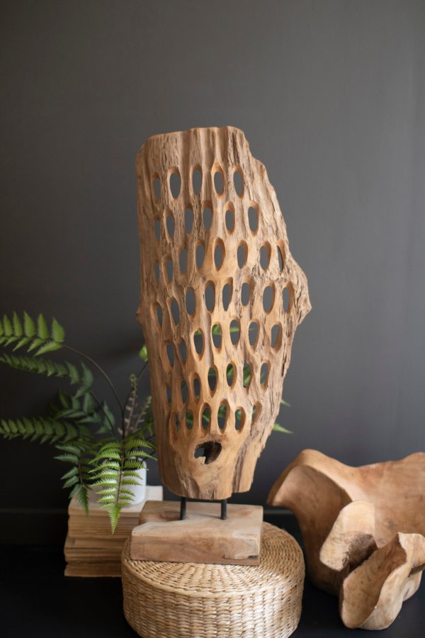 Carved Teak Wood Scuplture On A Base - Perforated Cheap