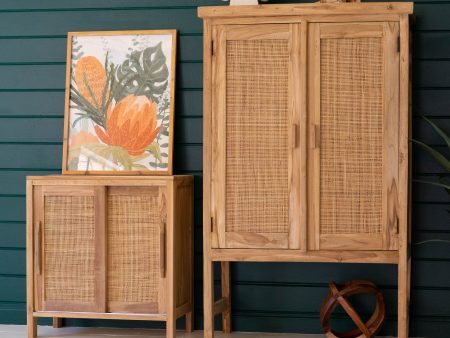 Large Two Door Wooden Cabinet With  Woven Cane Detail on Sale