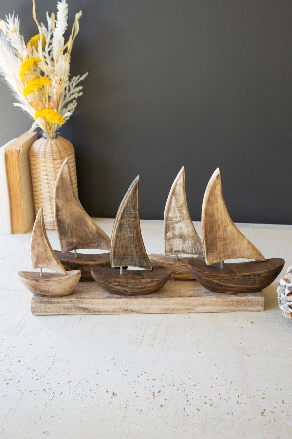 Five Wooden Sail Boats On A Base Discount