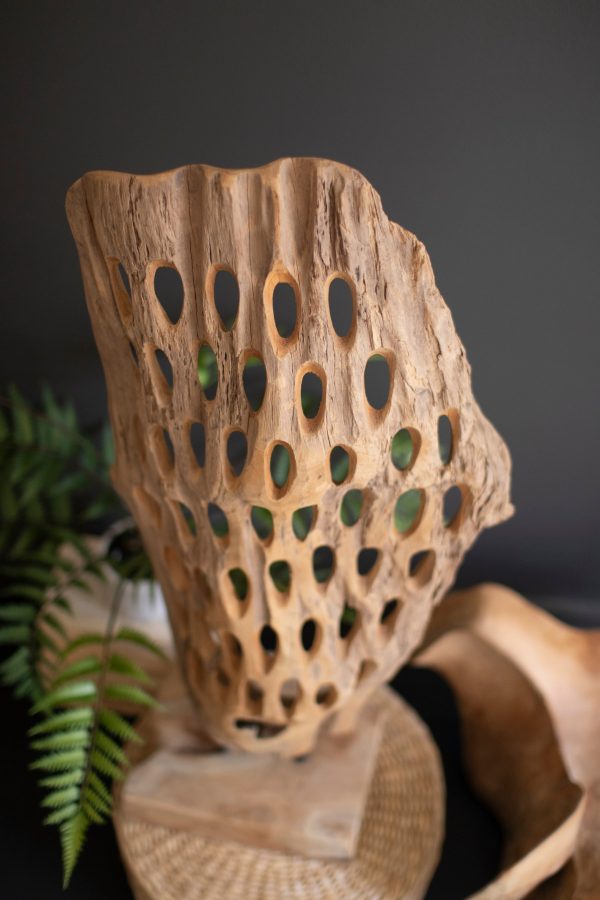 Carved Teak Wood Scuplture On A Base - Perforated Cheap