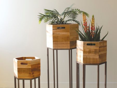 Set Three Hexagon Recycled Wood Planters On Metal Bases For Sale