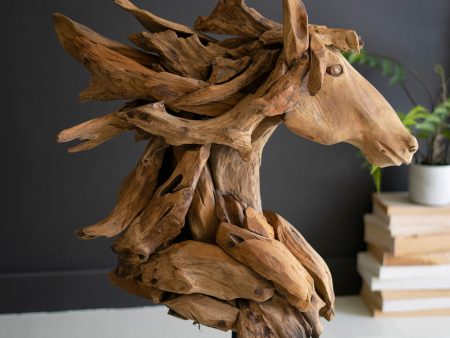 Teakwood Horse Head Sculpture With Iron Base Online Sale