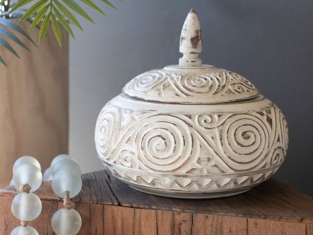 Carved Decorative Container With Lid - Natural And White Discount