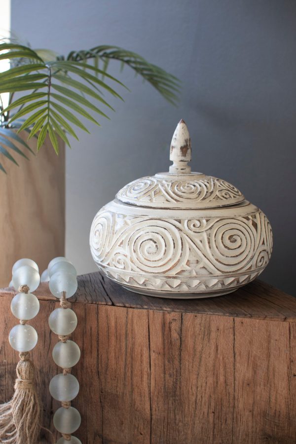 Carved Decorative Container With Lid - Natural And White Discount